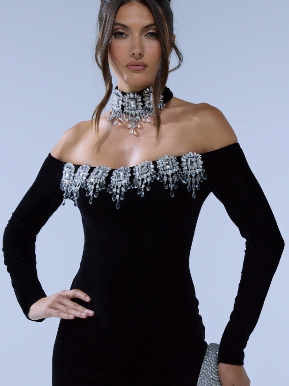AKIRA Black Off-Shoulder Velvet Dress/Top with Rhinestone Trim